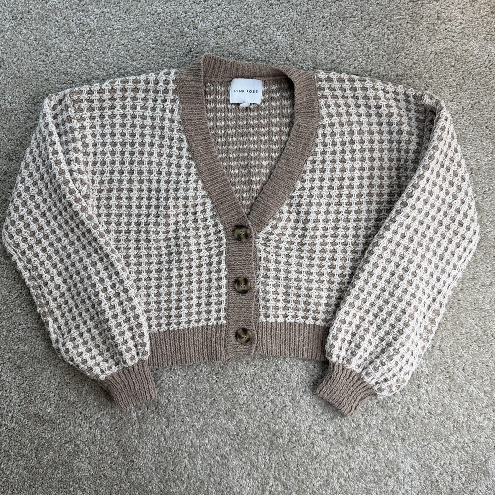Pink Rose Cardigan Sweater Womens S Beige V Neck Chunky Knit Balloon Sleeve